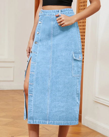Button Down Midi Denim Skirt Light