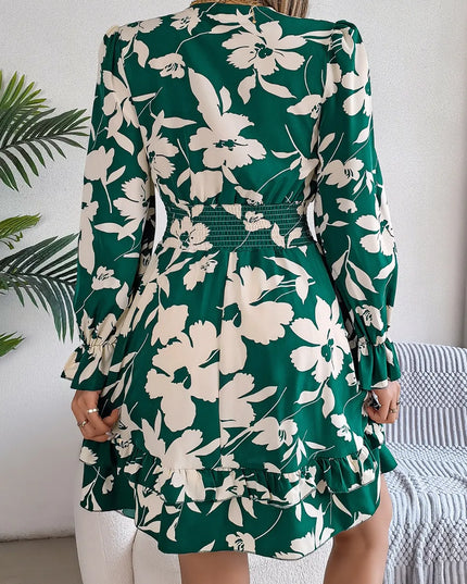 Tied Ruffled Printed Long Sleeve Dress
