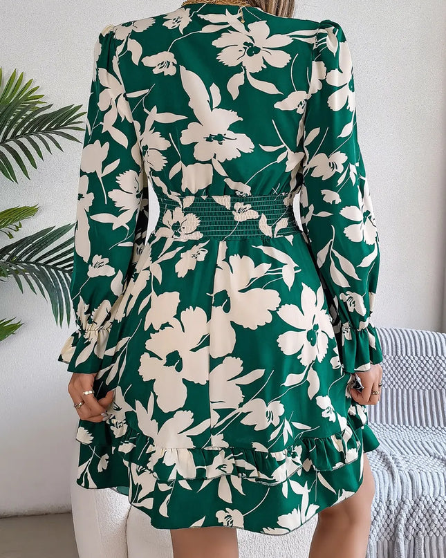 Tied Ruffled Printed Long Sleeve Dress