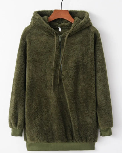 Full Size Quarter-Zip Drawstring Teddy Hoodie