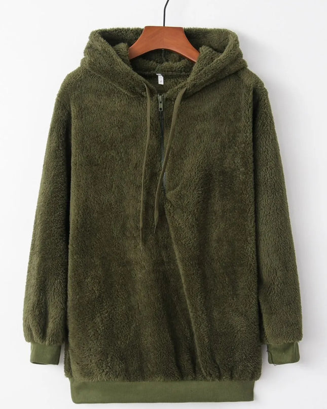 Full Size Quarter-Zip Drawstring Teddy Hoodie