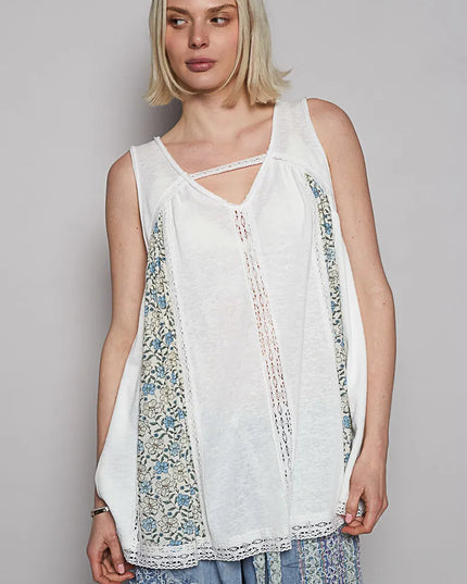 POL V Neck Sleeveless Tank Top with Lace Detail