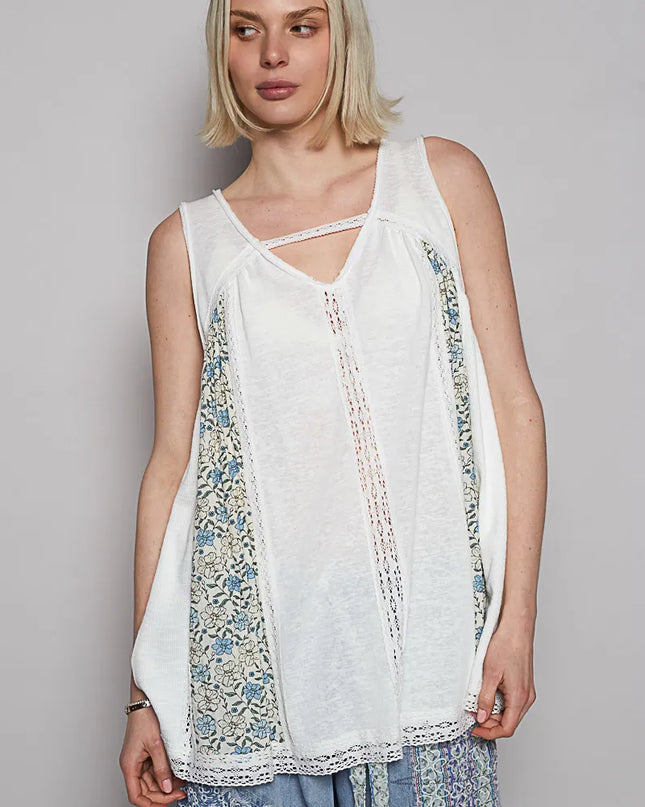 POL V Neck Sleeveless Tank Top with Lace Detail