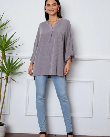 Notched Roll-Tab Sleeve Blouse
