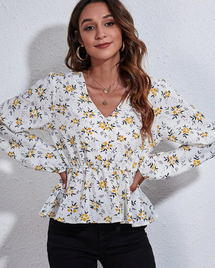 Floral V-Neck Balloon Sleeve Peplum Blouse