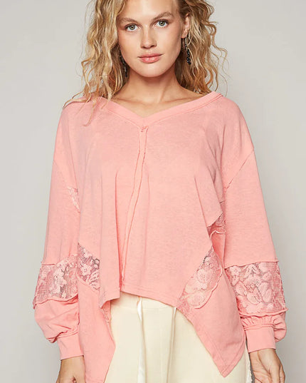 POL V-Neck Long Sleeve T-Shirt with Lace Detail 