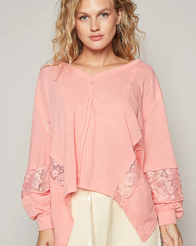 POL V-Neck Long Sleeve T-Shirt with Lace Detail 