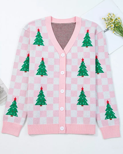 Christmas Tree Pattern Checkered Button V Neck Cardigan