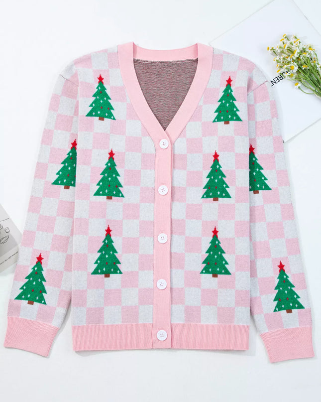 Christmas Tree Pattern Checkered Button V Neck Cardigan