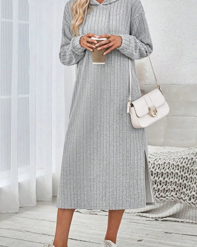 Side Slit Drawstring Long Sleeve Hooded Dress