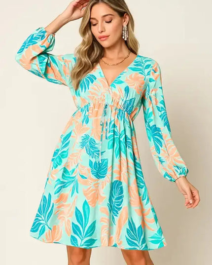 Double Take Full Size Printed V-Neck Drawstring Dress Turquoise
