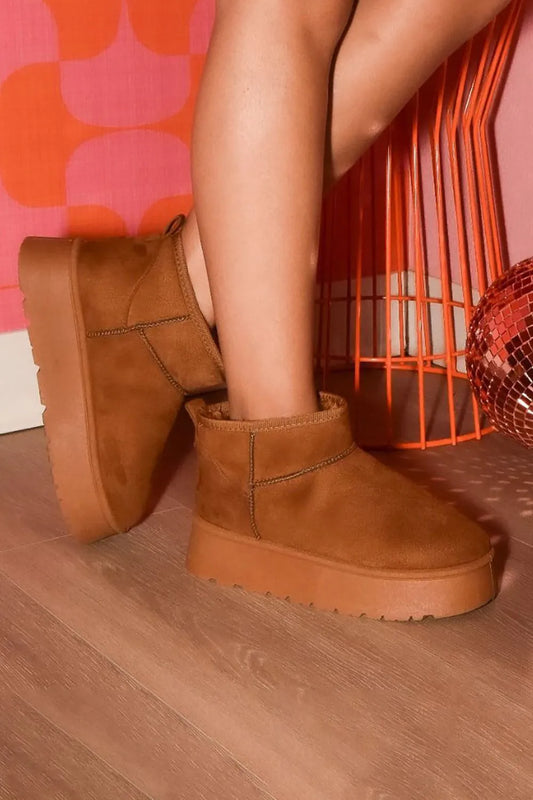 WILD DIVA Suede Round Toe Platform Booties Caramel