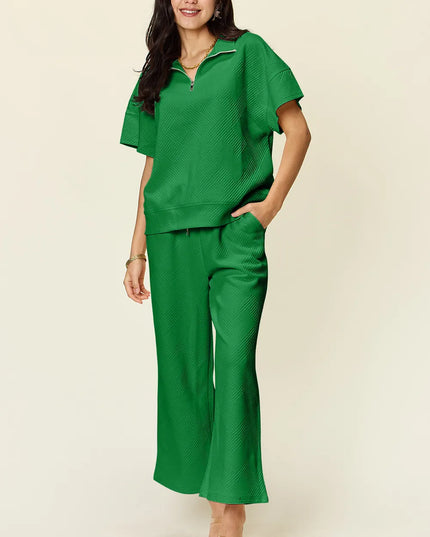 Double Take Full Size Texture Half Zip Short Sleeve Top and Pants Set Green