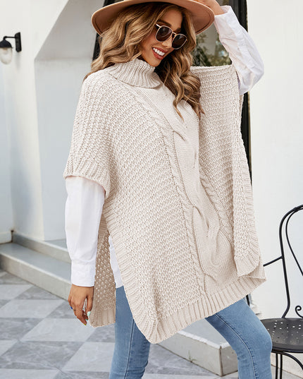 Cable-Knit Turtleneck Slit Sweater