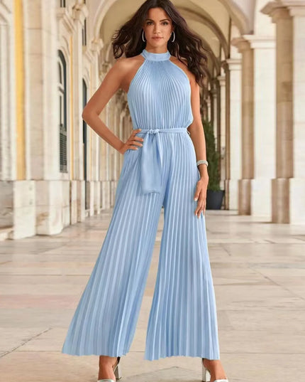 Pleated Sleeveless Wide Leg Jumpsuit Light Blue