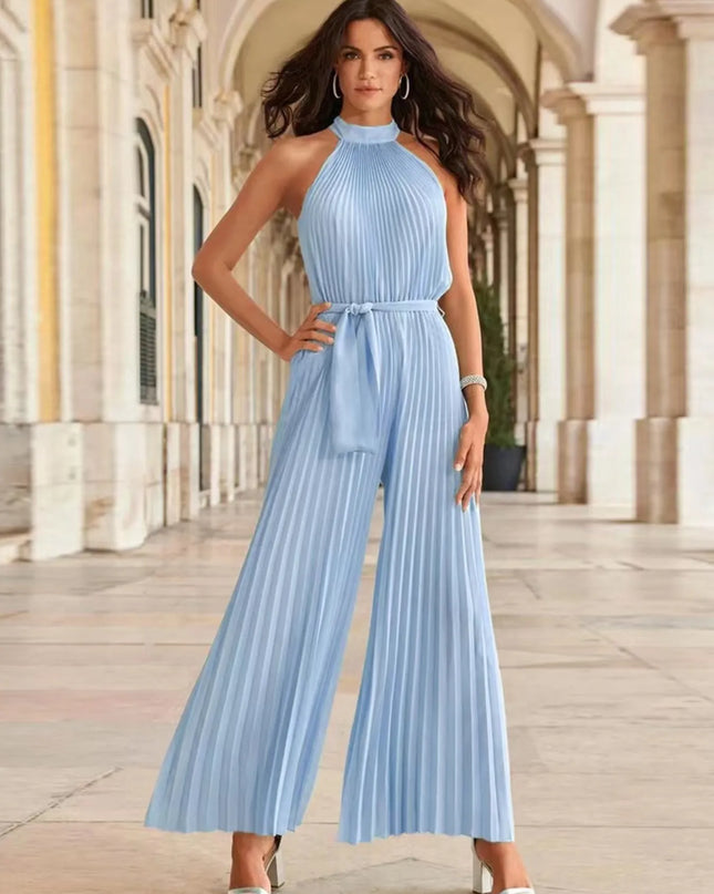Pleated Sleeveless Wide Leg Jumpsuit Light Blue