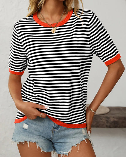 Mandy Striped Round Neck Half Sleeve Knit Top Black Red