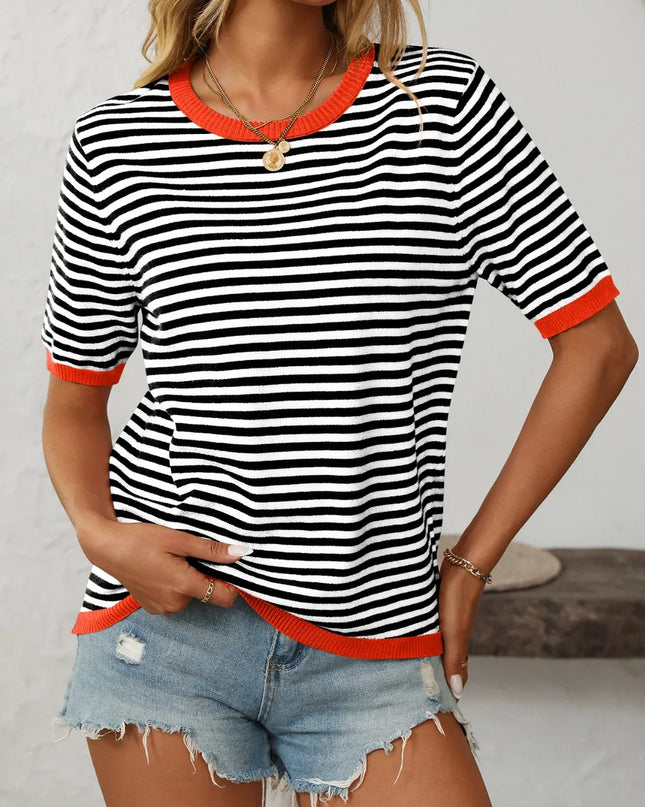 Mandy Striped Round Neck Half Sleeve Knit Top Black Red