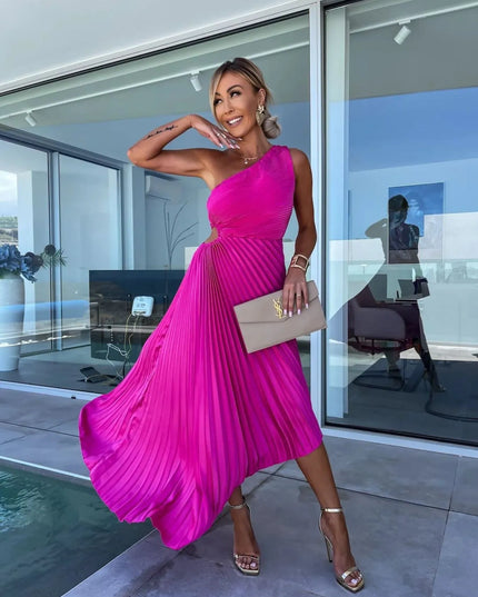 Full Size Single Shoulder Pleated Midi Dress Plus Size 