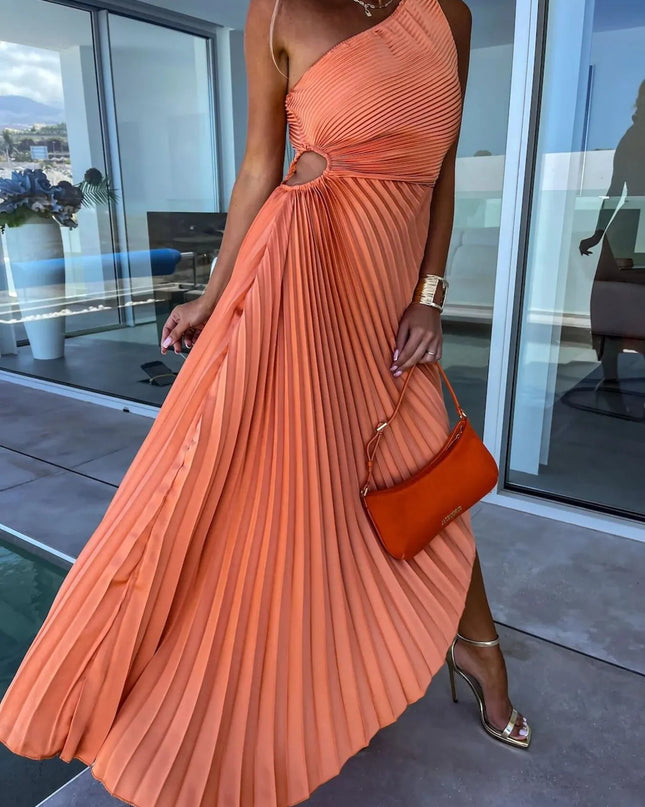 Full Size Single Shoulder Pleated Midi Dress Plus Size 