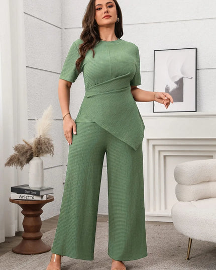 Plus Size Asymmetrical Round Neck Short Sleeve Top and Pants Set