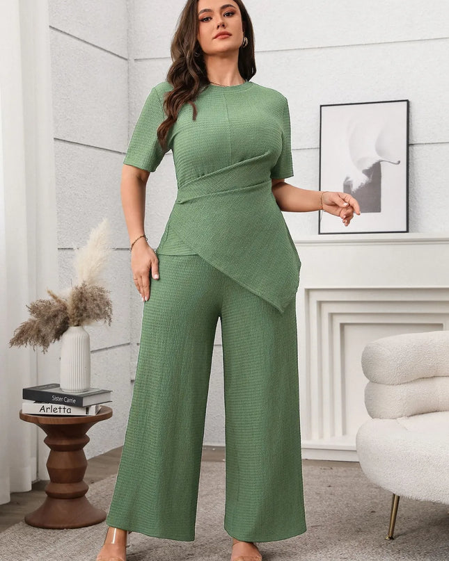 Plus Size Asymmetrical Round Neck Short Sleeve Top and Pants Set