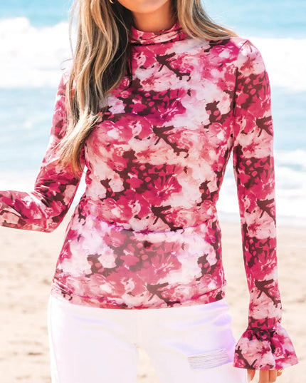Floral Mesh Flounce Sleeve Mock Neck Blouse