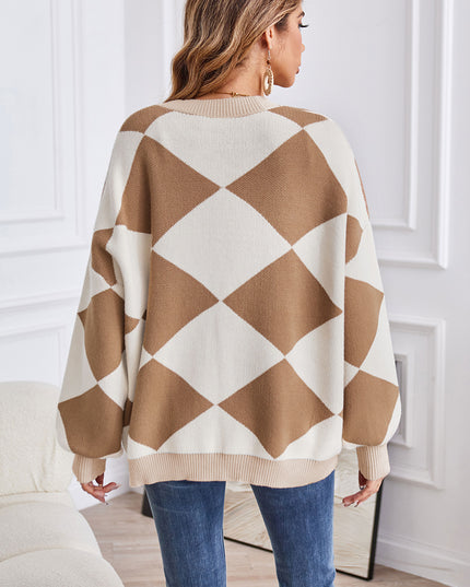 Geometric Lantern Sleeve Cardigan with Pockets