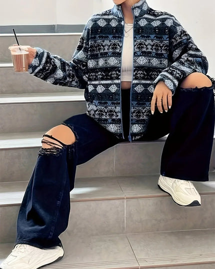 Geometric Turtleneck Zip Up Jacket