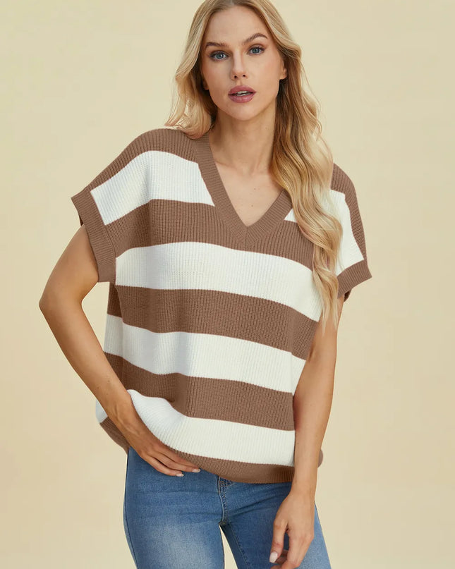 Double Take Full Size Striped V-Neck Short Sleeve Sweater