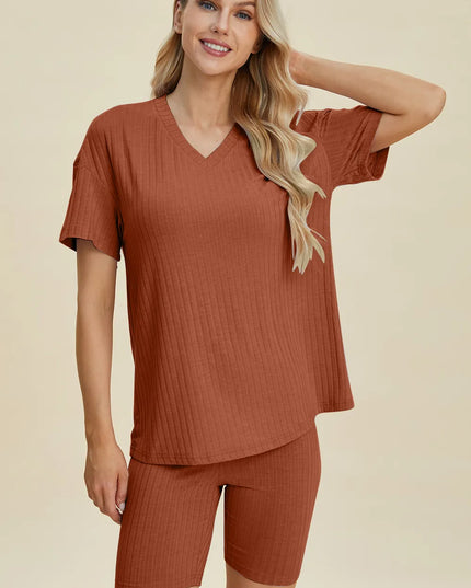 Basic Bae Full Size Ribbed V-Neck Short Sleeve Top and Shorts Set