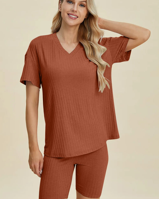 Basic Bae Full Size Ribbed V-Neck Short Sleeve Top and Shorts Set