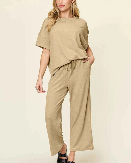 Double Take Full Size Texture Round Neck Short Sleeve T-Shirt and Wide Leg Pants