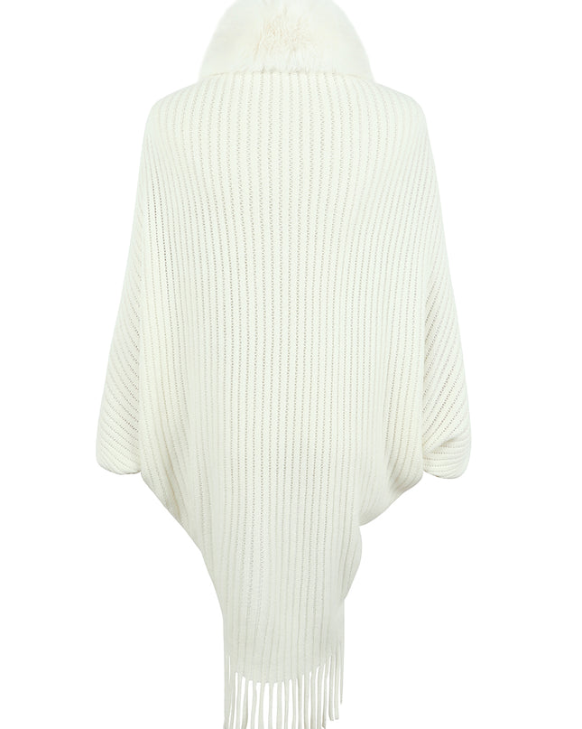 Fringe Detail Long Sleeve Ribbed Poncho