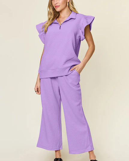 Double Take Texture Ruffle Short Sleeve Top and Drawstring Wide Leg Pants Set Lavender