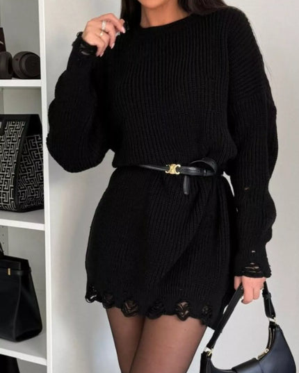 Distressed Round Neck Drop Shoulder Sweater Dress