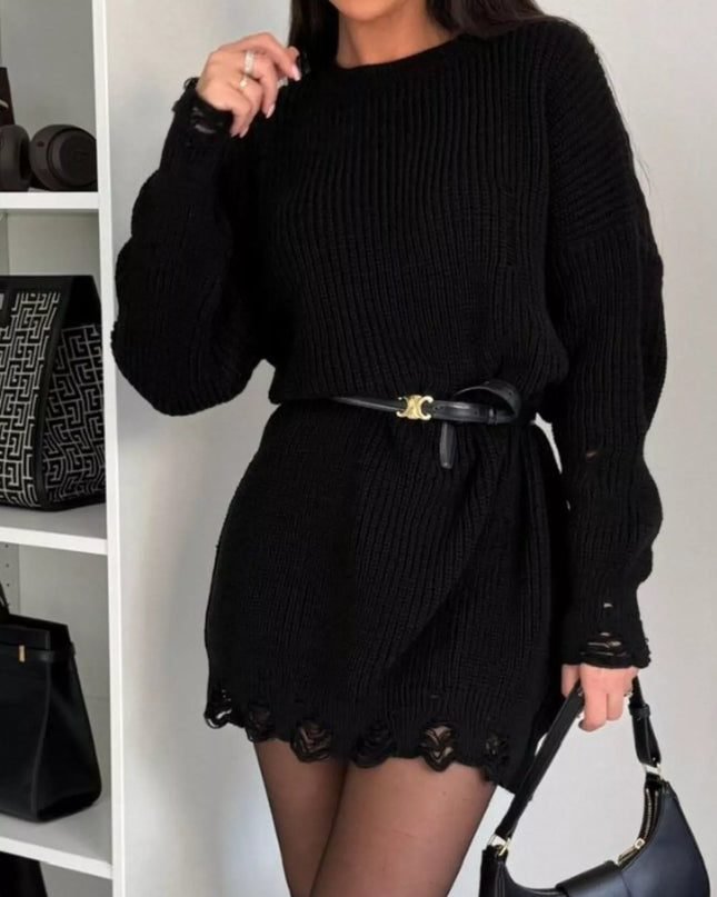Distressed Round Neck Drop Shoulder Sweater Dress
