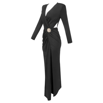 DR714 Graceful Pleated V-Neck Hollow Maxi Dress with Slit Black
