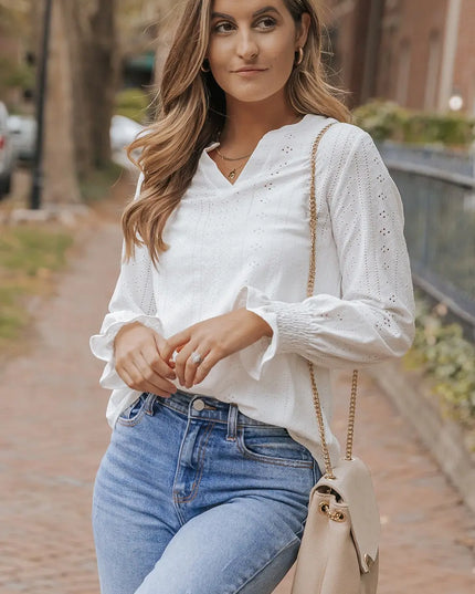 Openwork Notched Flounce Sleeve Blouse 