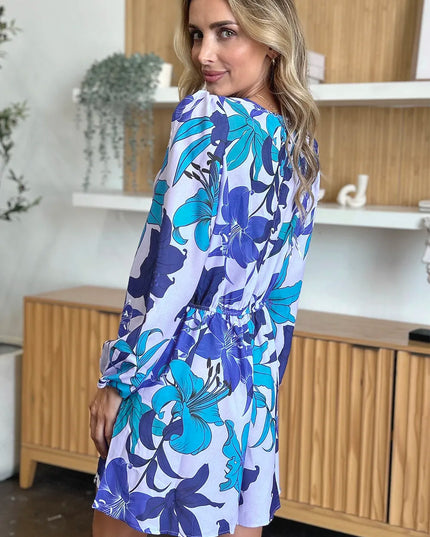 Double Take Full Size Floral Long Sleeve Romper with Pockets