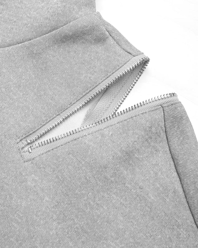 Drawstring Zip Detail Cold Shoulder Hoodie