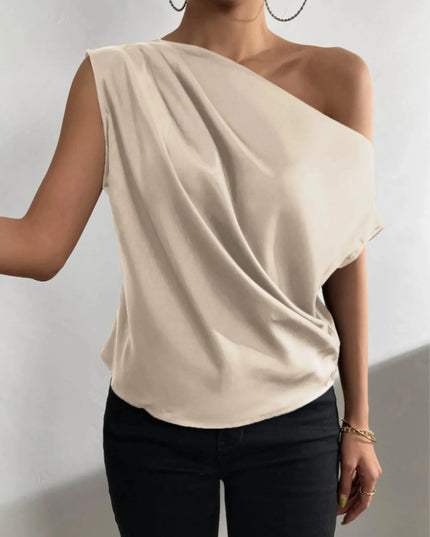 Asymmetrica One-Shoulder Draped Blouse Milky White