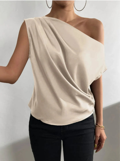 Asymmetrica One-Shoulder Draped Blouse Milky White