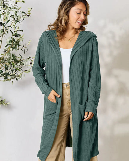 Basic Bae Full Size Hooded Sweater Cardigan Teal