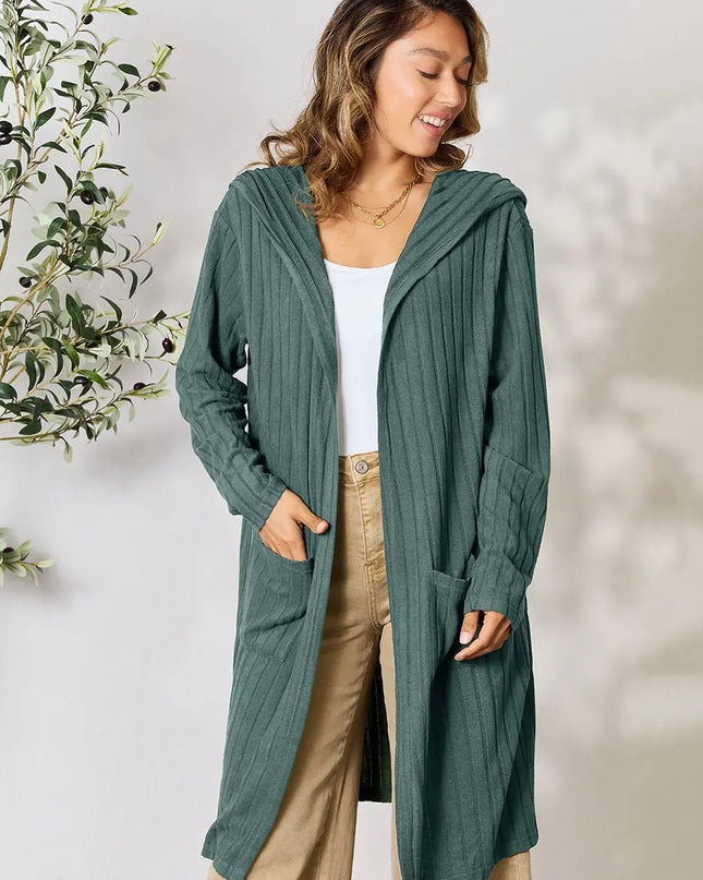 Basic Bae Full Size Hooded Sweater Cardigan Teal