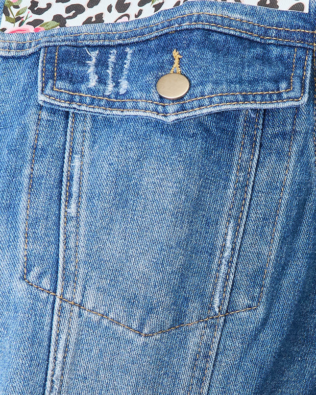 Baeful Leopard Floral Distressed Raw Hem Denim Jacket