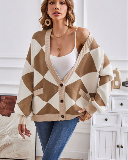Geometric Lantern Sleeve Cardigan with Pockets Camel