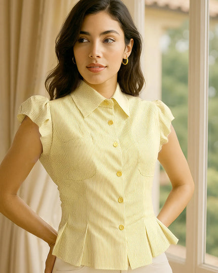 Striped Puff Sleeve Button-Up Shirt Yellow