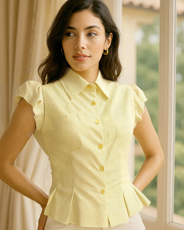 Striped Puff Sleeve Button-Up Shirt Yellow