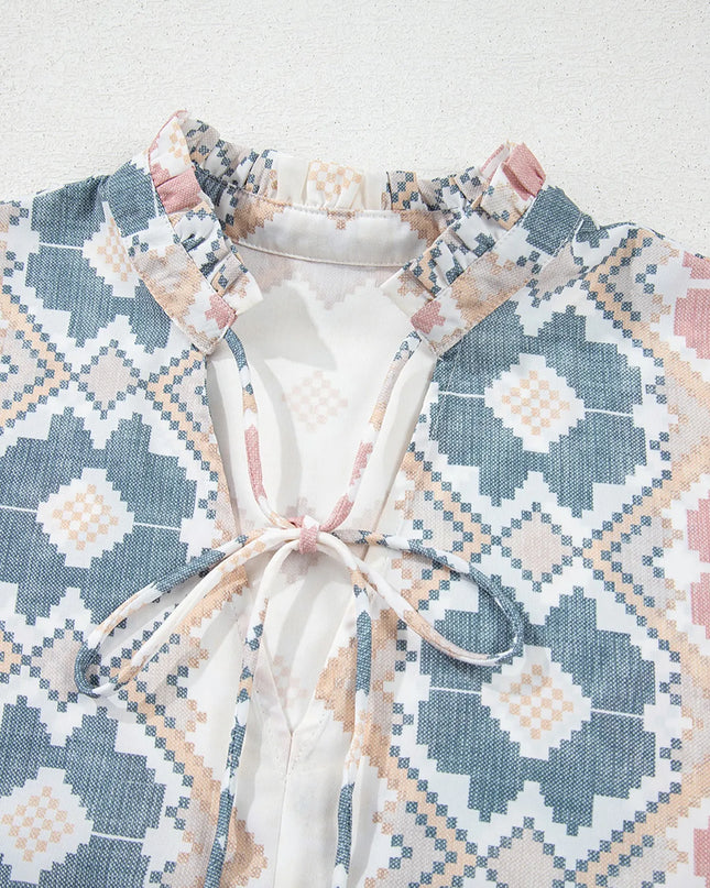 Bohemian Geometric Print Blouse with Tassel Tie